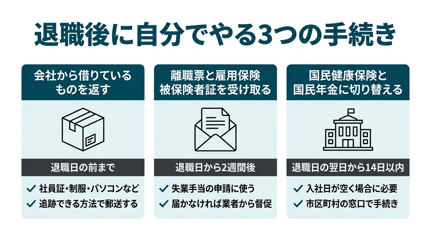 退職代行を使った後に自分でやる3つの手続きを横一列に並べ、会社から借りているものを返す(退職日の前まで)、離職票と雇用保険被保険者証を受け取る(退職日から2週間後)、国民健康保険と国民年金に切り替える(退職日の翌日から14日以内)と、それぞれの期限と要点を示した図