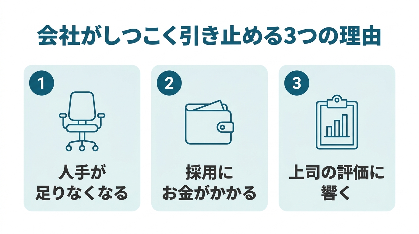 会社がしつこく引き止める理由として、人手が足りなくなる、採用にお金がかかる、上司の評価に響くの3つを示した図
