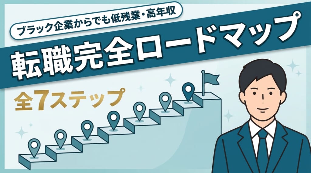 ブラック企業からでも低残業・高年収を実現する、失敗しないための転職完全ロードマップ全7ステップの記事のアイキャッチ