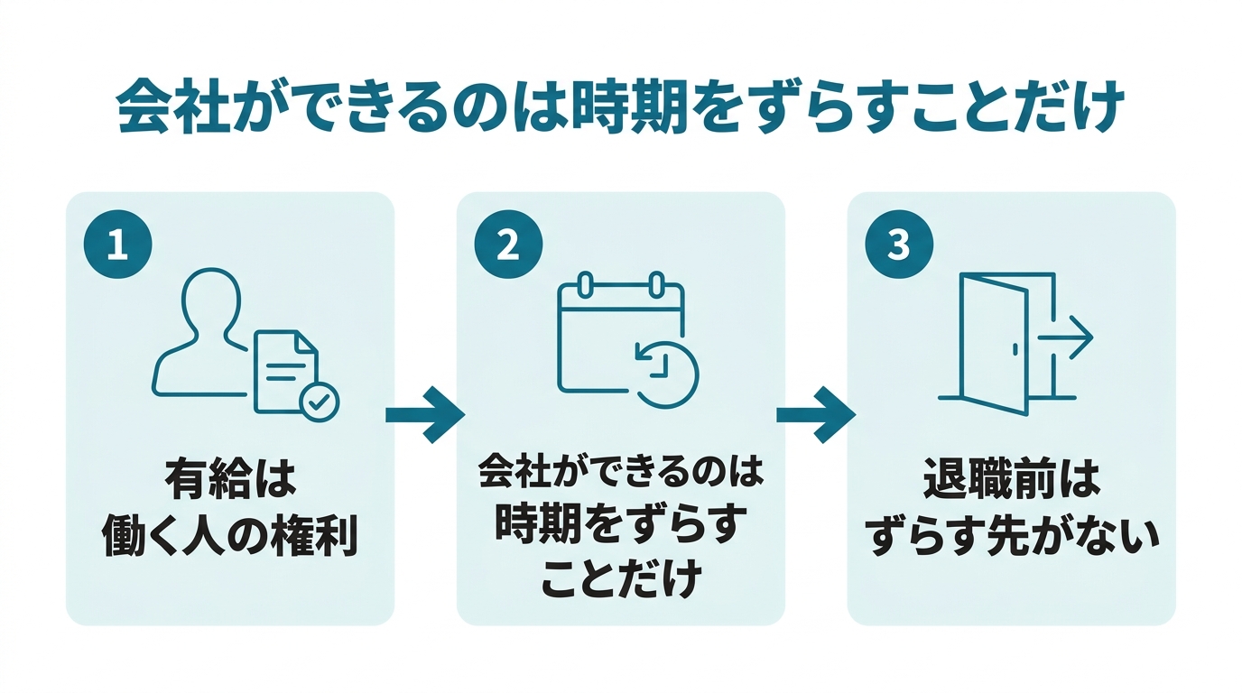 退職前の有給について、有給は働く人の権利、会社ができるのは時期をずらすことだけ、退職前はずらす先がないの3段階で示した図