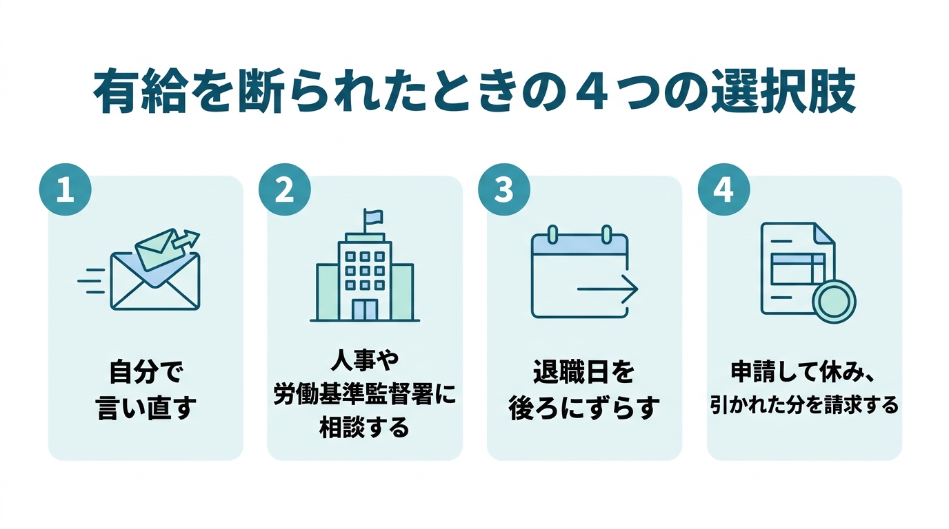 有給を断られたときの4つの選択肢として、自分で言い直す、人事や労働基準監督署に相談する、退職日を後ろにずらす、申請して休み引かれた分を請求するを示した図
