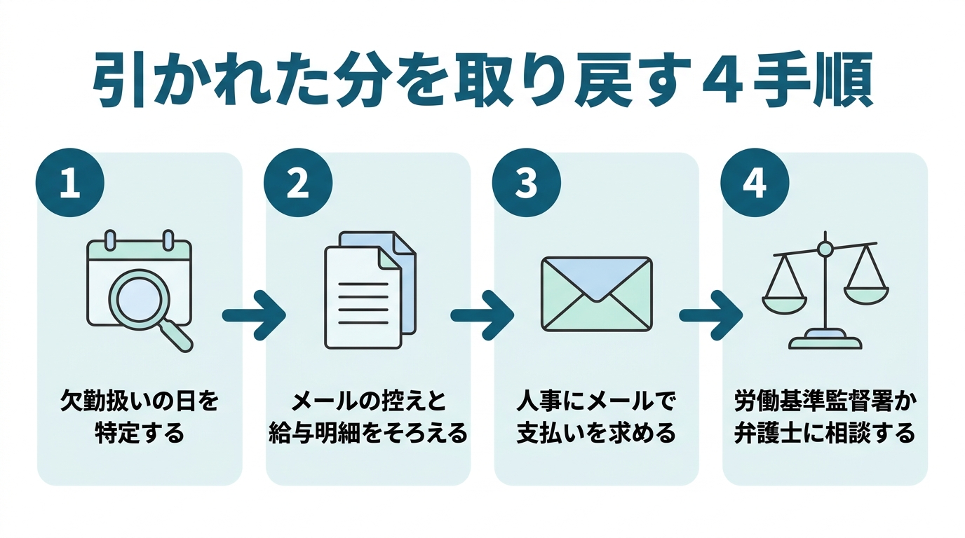 欠勤扱いで引かれた分を取り戻す4手順として、欠勤扱いの日を特定する、メールの控えと給与明細をそろえる、人事にメールで支払いを求める、労働基準監督署か弁護士に相談するを示した図